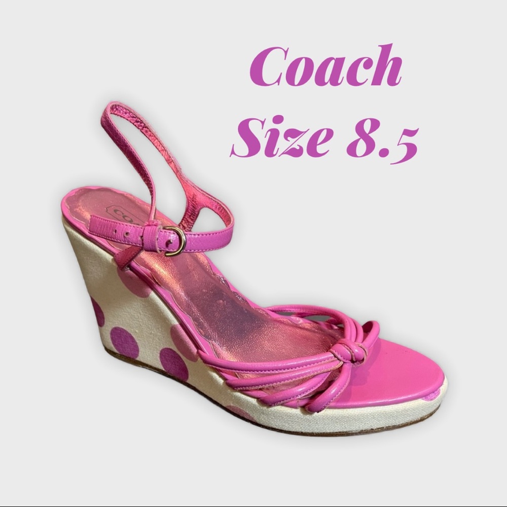 Coach | Lona Pink & Cream Polka Dot Wedge Heels Leather Ankle Strap Size 8.5